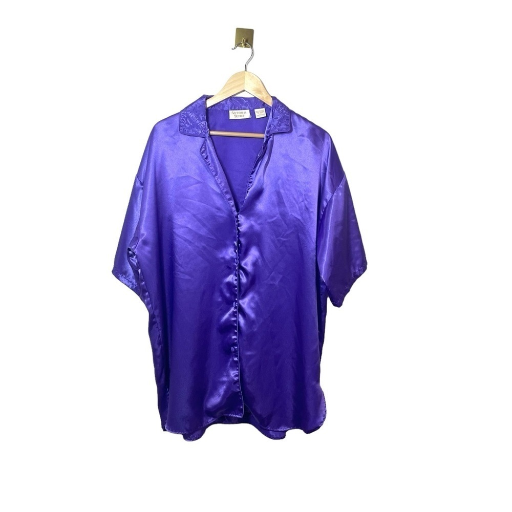 Vintage Victorias Secret Gold Label Purple Satin Pajama Shirt Sleep Top M/L